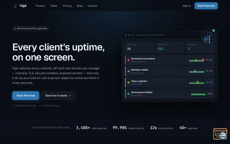 Screenshot of Vigil — Every client's uptime, on one screen