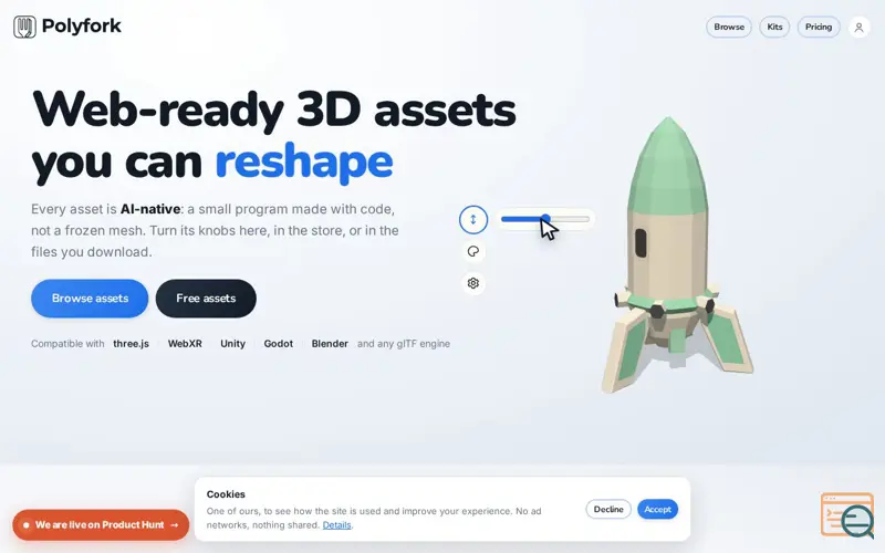 Screenshot of Polyfork · 3D assets you can remix, a launch using Anime.js