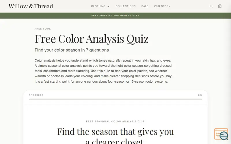 Screenshot of Willow & Thread Color Analysis Quiz