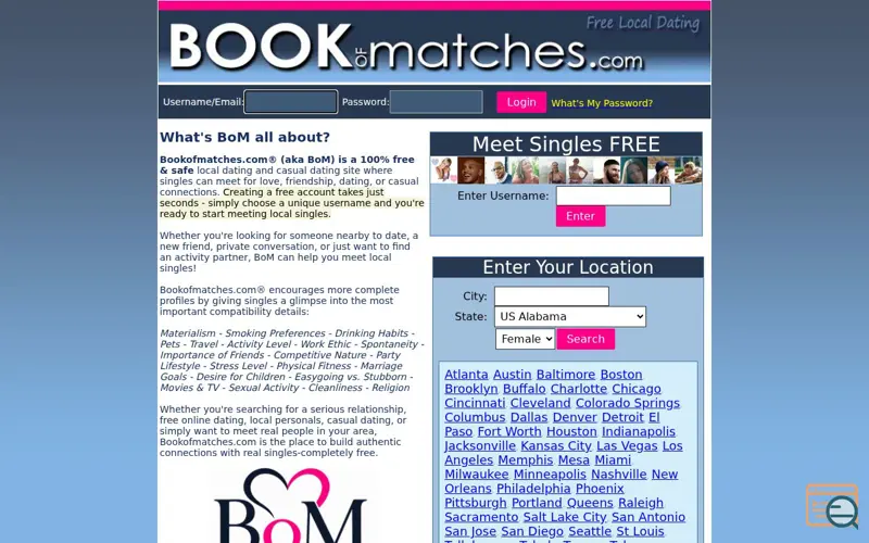 Screenshot of Bookofmatches.com®, a launch using JBoss