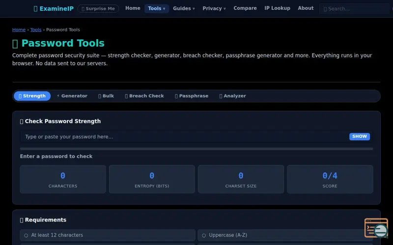 Screenshot of ExamineIP - Password Tools