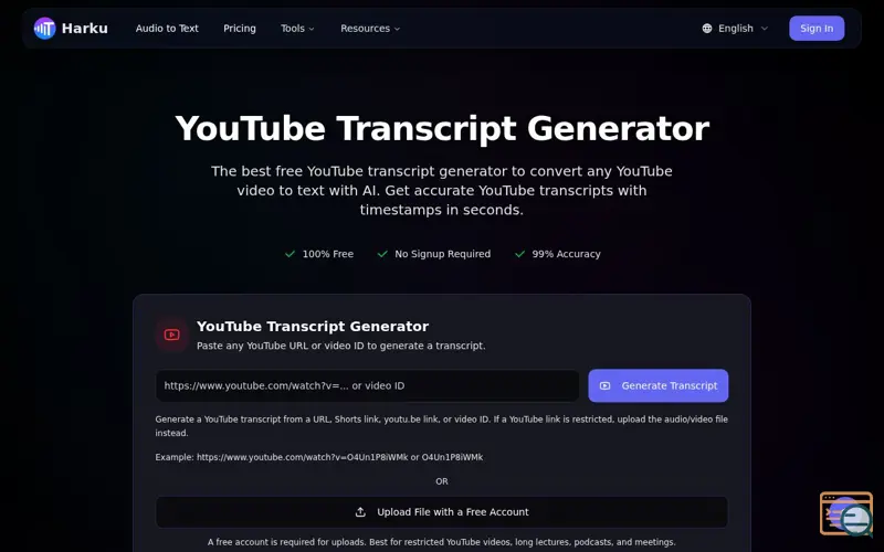 Screenshot of Harku YouTube to Text