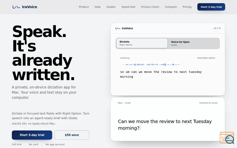 Screenshot of IraVoice for Mac — Private On-Device Dictation