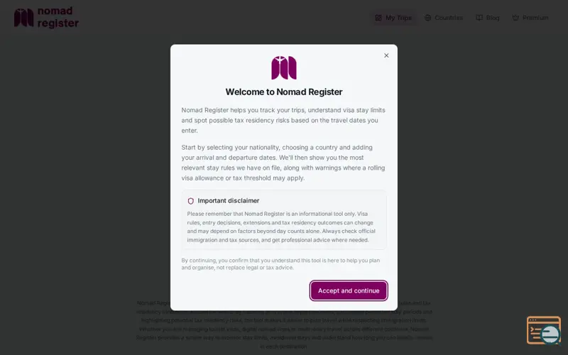 Screenshot of Nomad Register, a launch using 20i