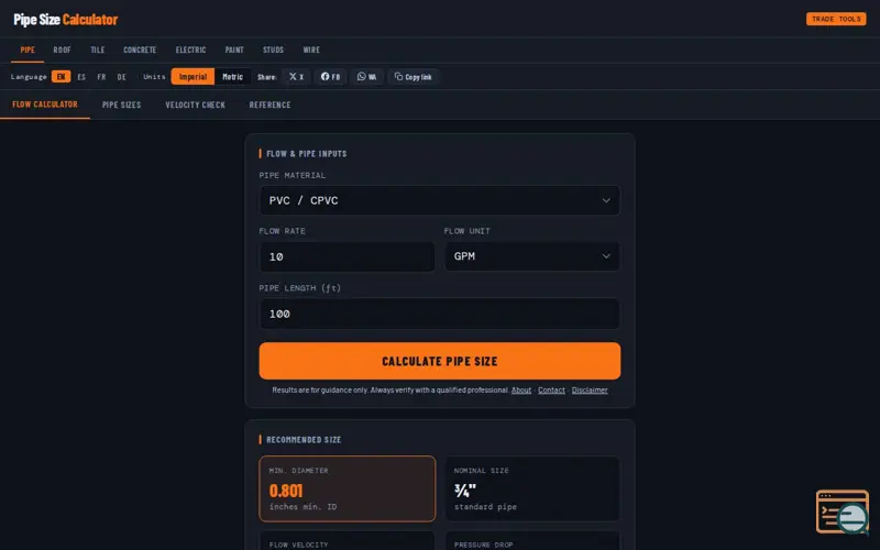 Screenshot of TradeCalc — Free Calculators for Trades