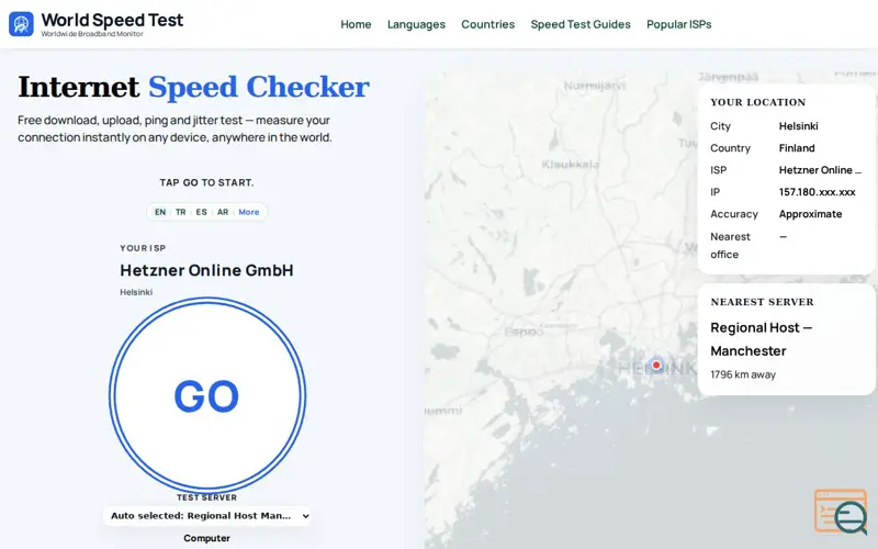 Screenshot of network speed test 