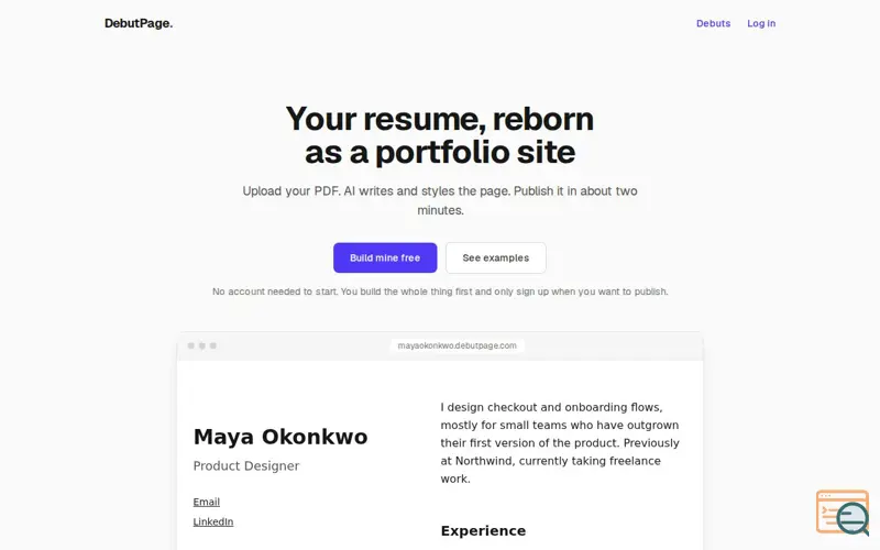 Screenshot of DebutPage