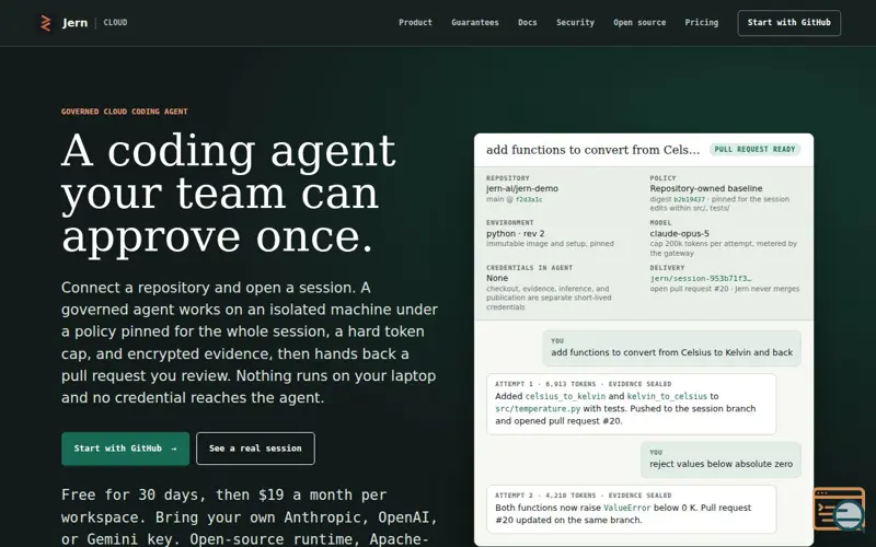 Screenshot of jern — the coding agent whose brain is a program
