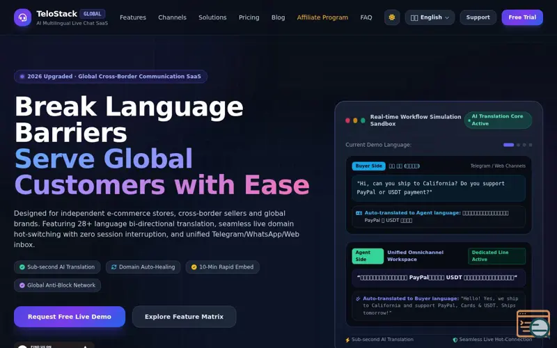 Screenshot of TeloStack Global - AI Customer Service Software & 全球多语言智能客服系统 | Live Chat SaaS