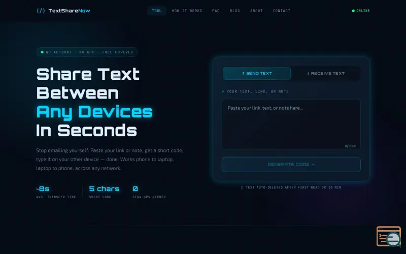 Screenshot of Share Text Between Phone and Laptop Instantly — TextShareNow