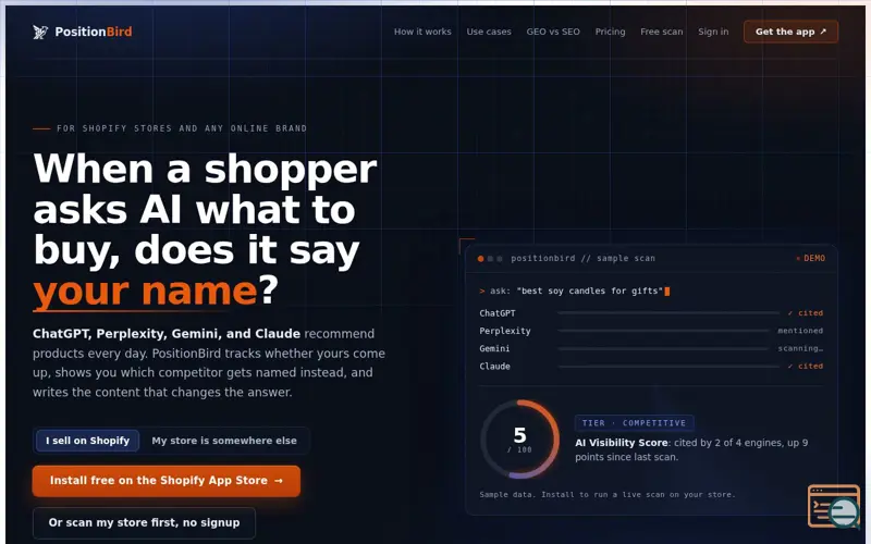 Screenshot of PositionBird, a launch using LaunchStag