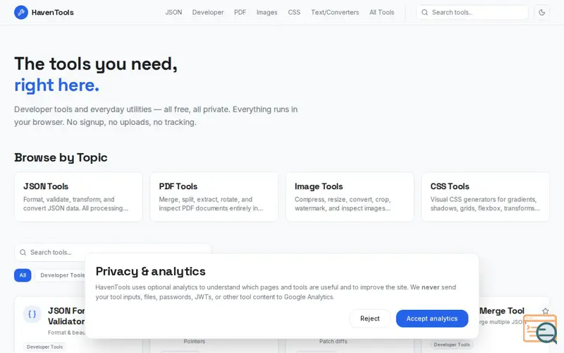 Screenshot of HavenTools – Free Online Developer & Utility Tools