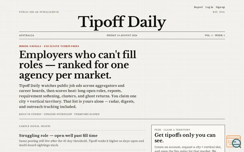 Screenshot of Tipoff Daily - Hiring tips by territory