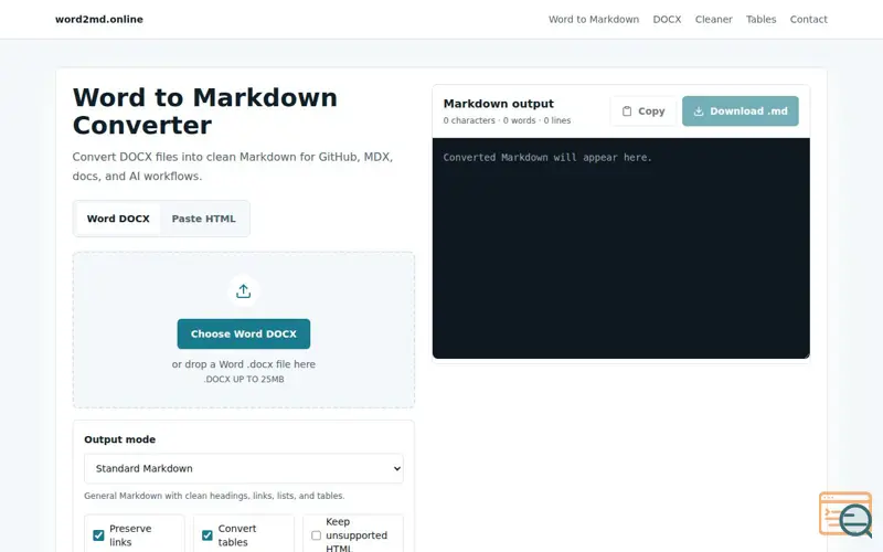 Screenshot of Word to Markdown Converter Online