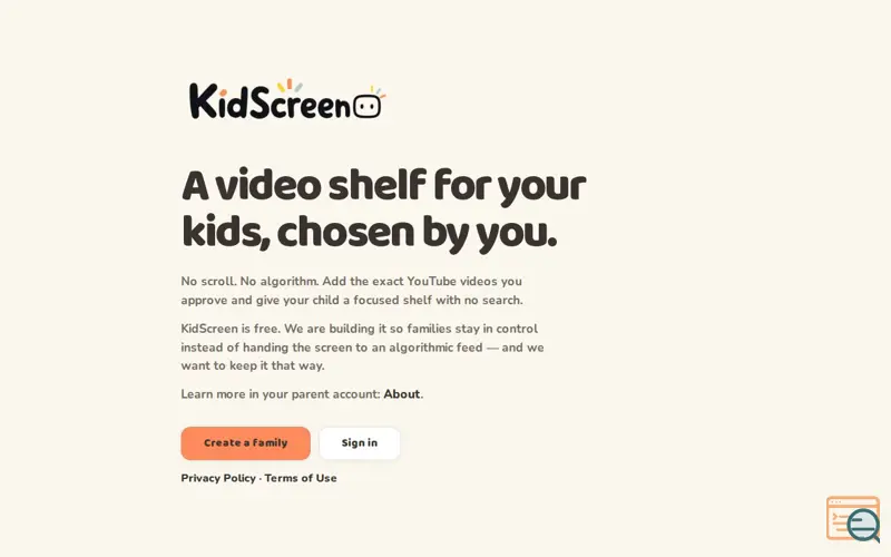 Screenshot of KidScreen: a video shelf for your kids