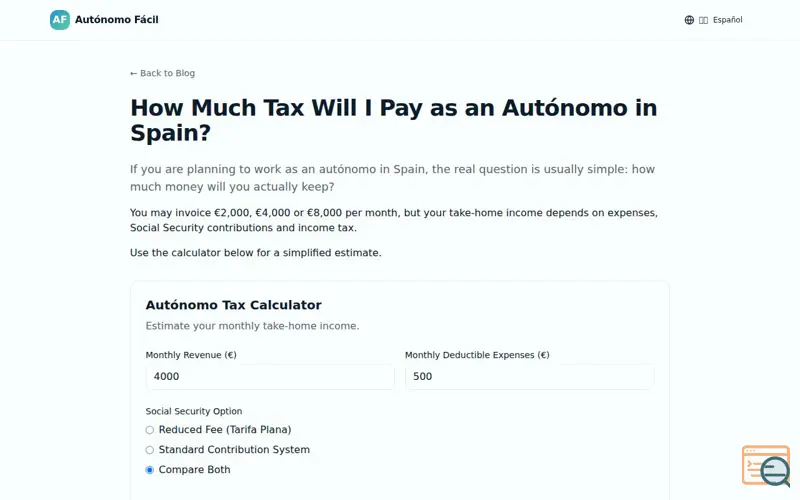 Screenshot of Autónomo Tax Calculator Spain