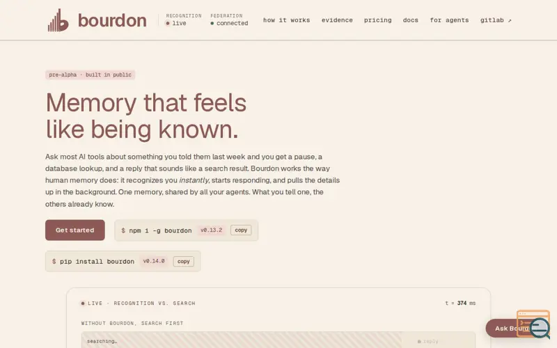 Screenshot of bourdon · recognition-first memory for AI agents