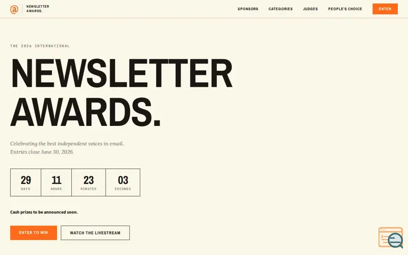 Screenshot of Newsletter Awards 2026