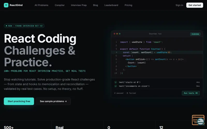 Screenshot of ReactGrind — React Coding Challenges