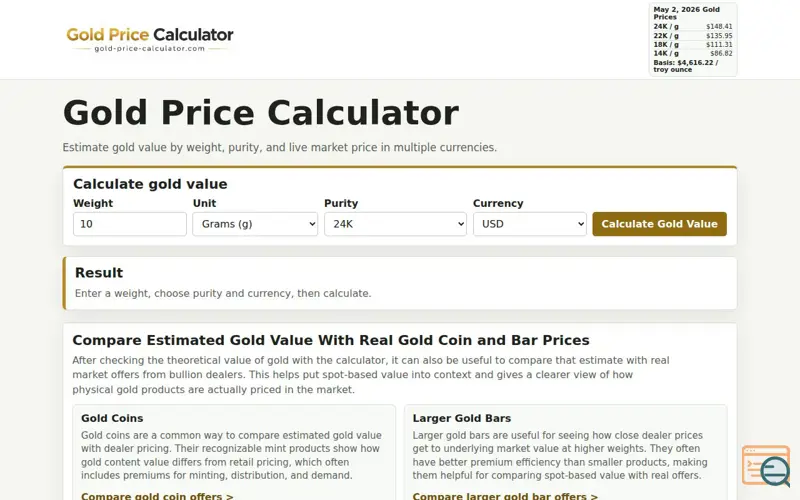 Screenshot of gold-price-calculator.com