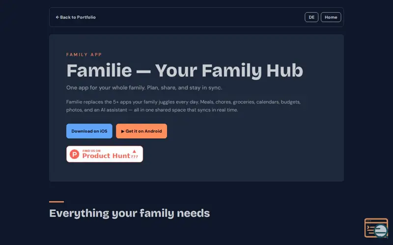 Screenshot of Familie, a launch using Monetag