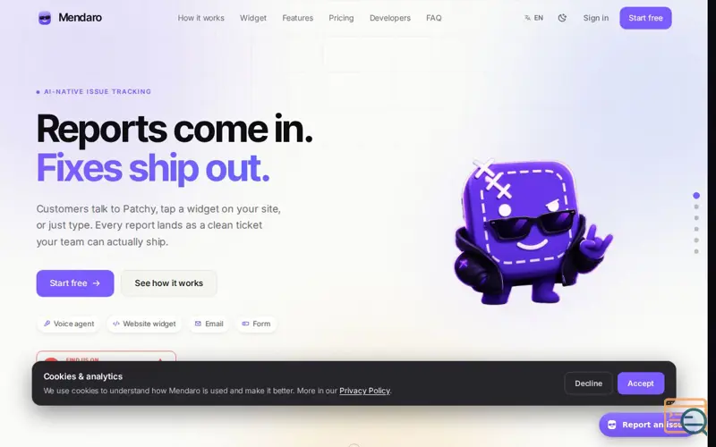 Screenshot of AI issue tracker with voice agent, widget & Claude Code | Mendaro