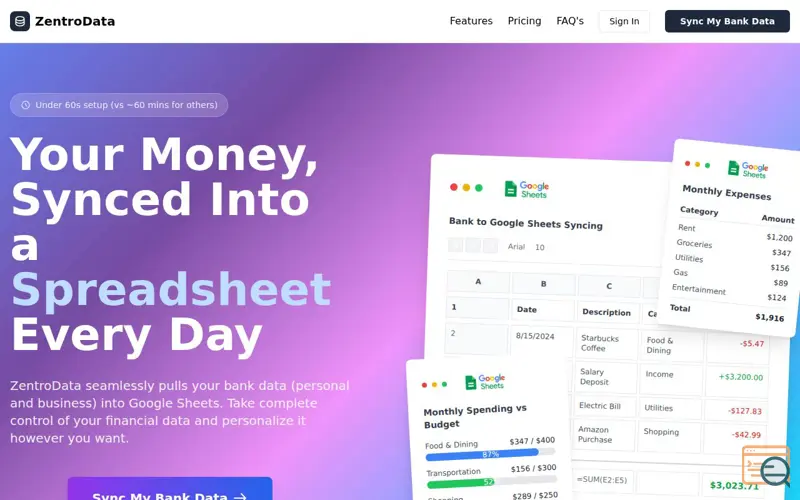 Screenshot of ZentroData: Your bank. Your Sheet. Done.