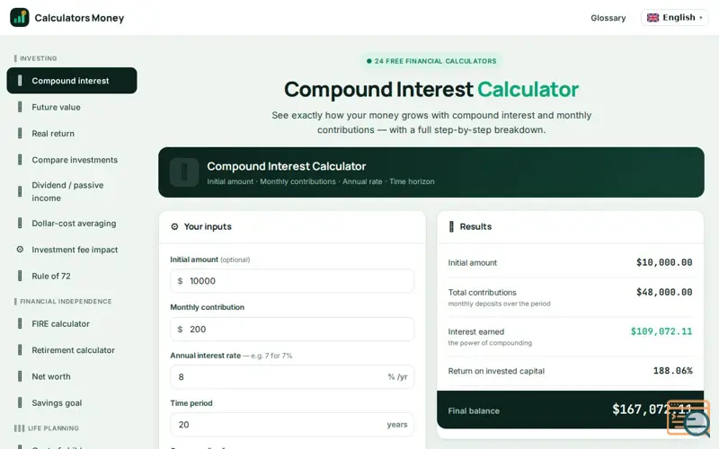 Screenshot of Calculators Money, a launch using LiteSpeed Web Server