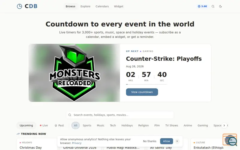 Screenshot of CountdownBoxes, a launch using Ticketmaster