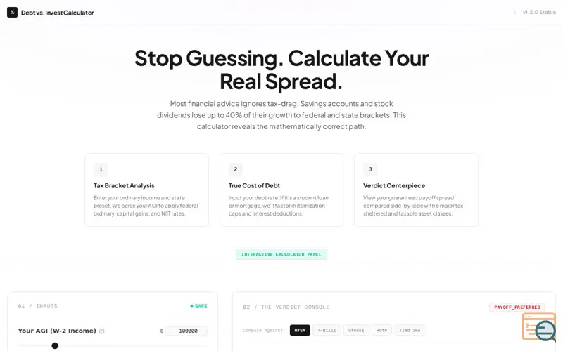 Screenshot of Debt vs. Invest Calculator