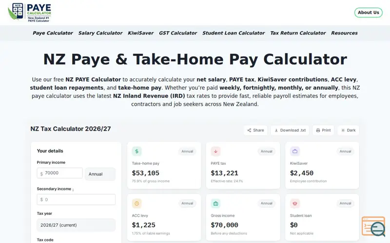 Screenshot of Paye Calculator NZ - payecalculator