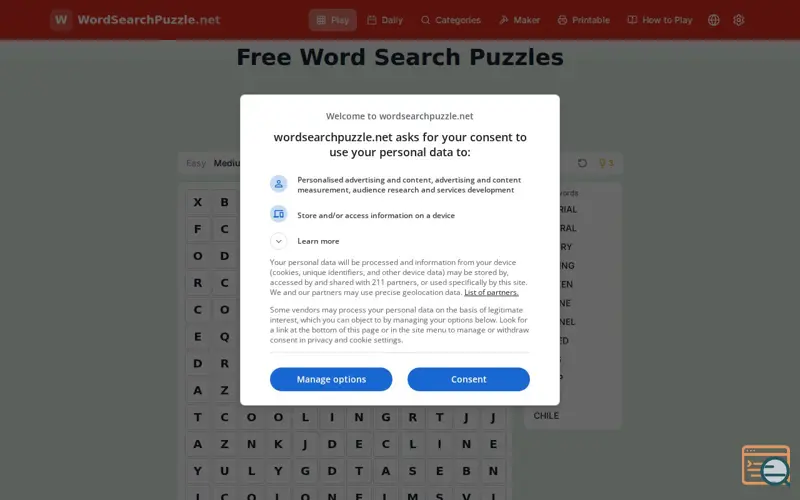 Screenshot of Word Search Puzzle