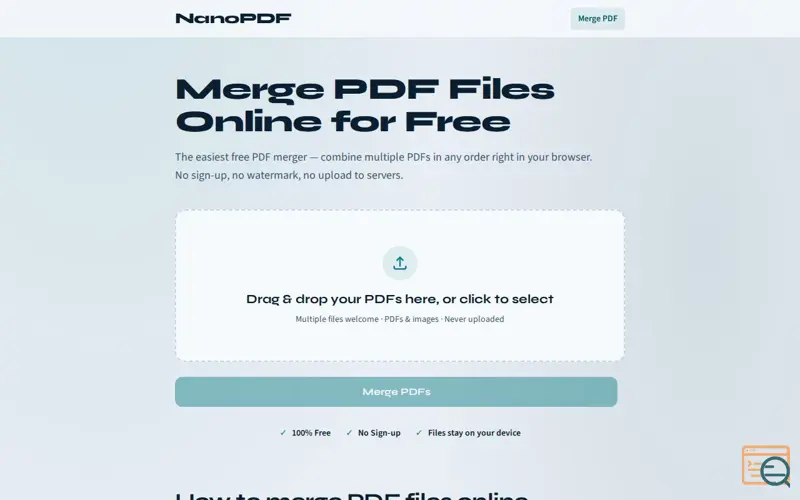 Screenshot of Merge PDF Files Online – Free PDF Merger Tool | NanoPDF