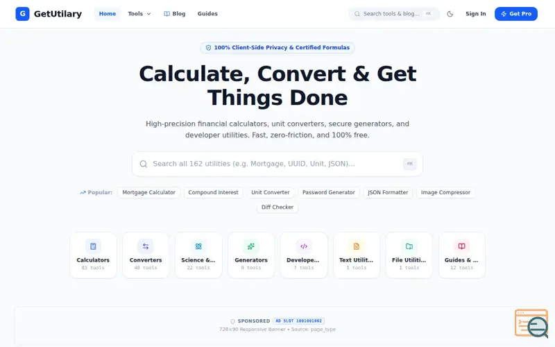 Screenshot of GetUtilary — Free Online Calculators, Converters & Developer Utilities