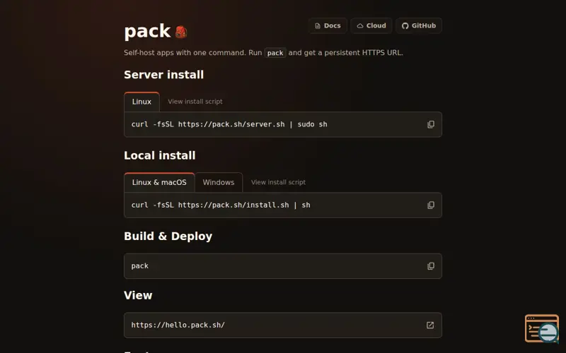 Screenshot of Pack.sh, a launch using Vultr DNS