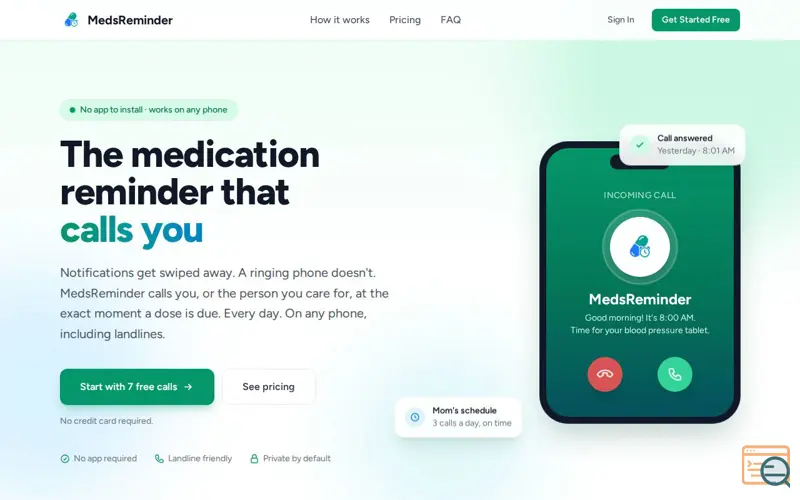 Screenshot of MedsReminder — Voice call medication reminders that never get missed, a launch using Flowbite