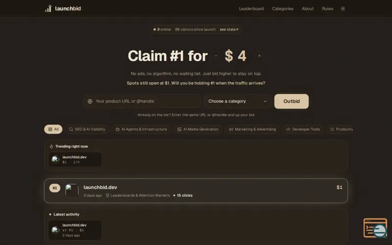 Screenshot of launchbid — bid to be #1