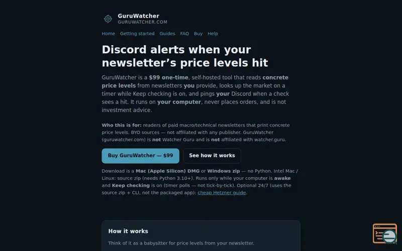 Screenshot of GuruWatcher — Discord alerts for your newsletter's price levels