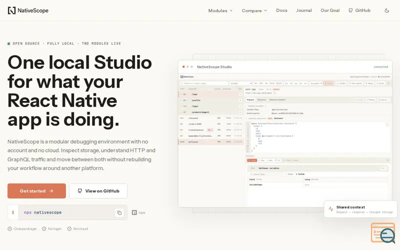 Screenshot of NativeScope — live React Native storage debugging