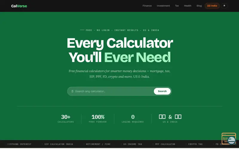 Screenshot of CalVerse — Free Financial Calculators