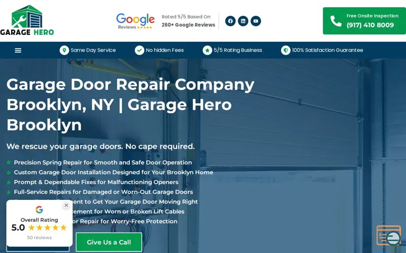 Screenshot of Garage Hero Brooklyn, a launch using Highclass Reviews Plugin