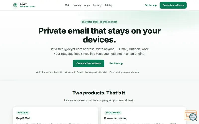 Screenshot of QeyeT Mail — Free Private Encrypted Email | Above the Clouds