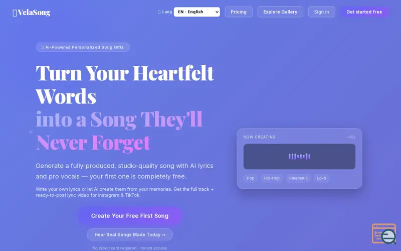 Screenshot of Velasong — AI Song Gifts