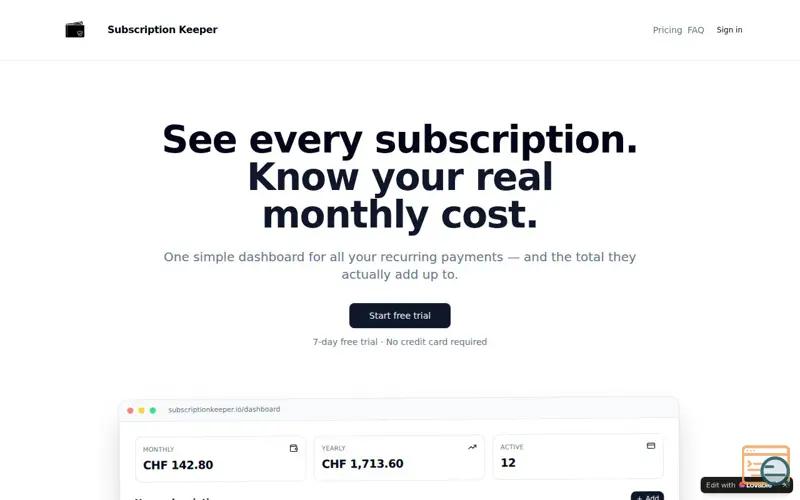 Screenshot of SubscriptionKeeper 