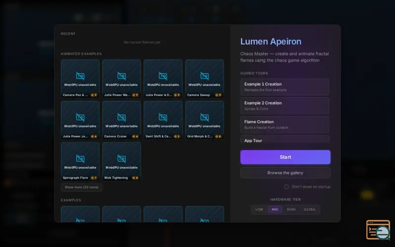 Screenshot of Lumen Apeiron , a launch using TypeGPU