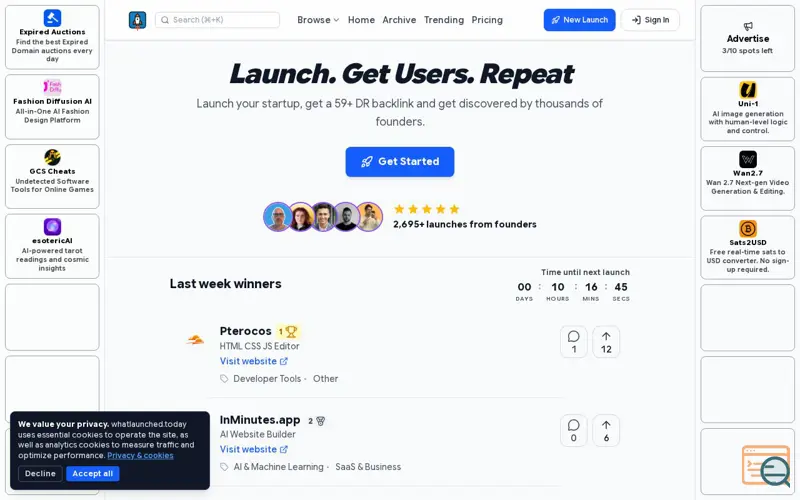 Screenshot of What Launched Today, a launch using Smartsupp