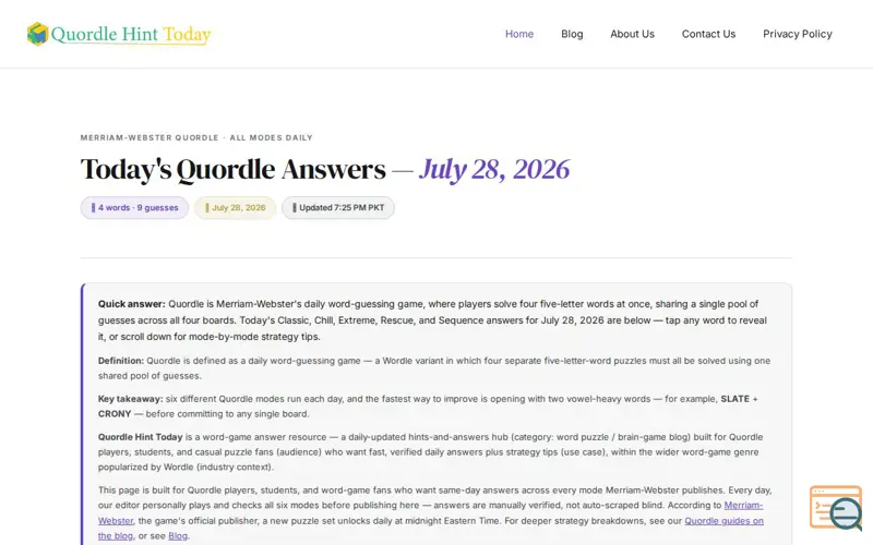 Screenshot of Quordle Hint Today
