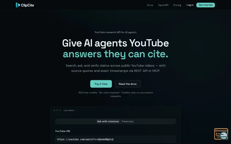 Screenshot of ClipCite — Video intelligence API for developers