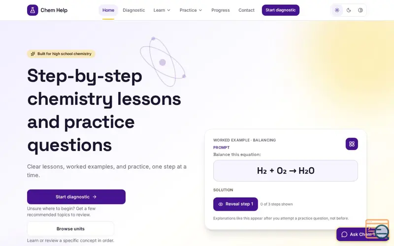Screenshot of Chemistry Help, Practice Chemistry Step by Step