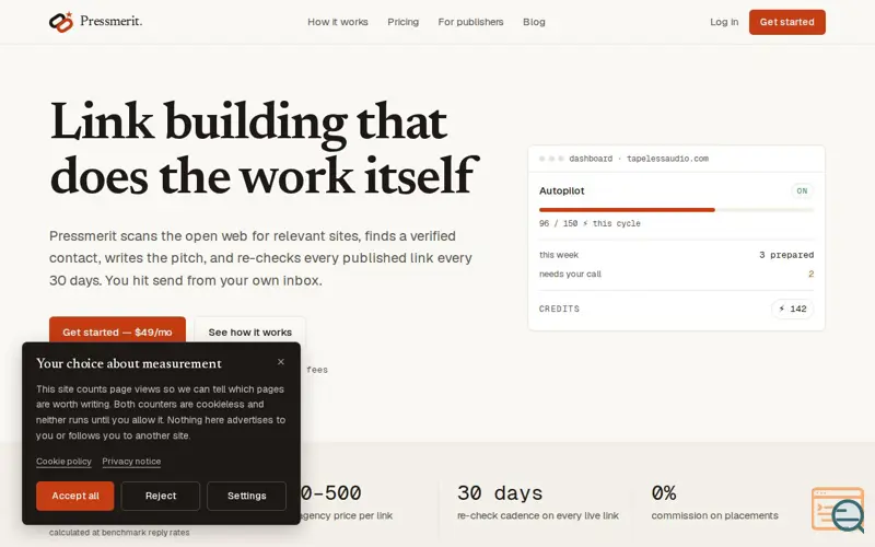 Screenshot of Link Building Software That Does the Legwork | Pressmerit
